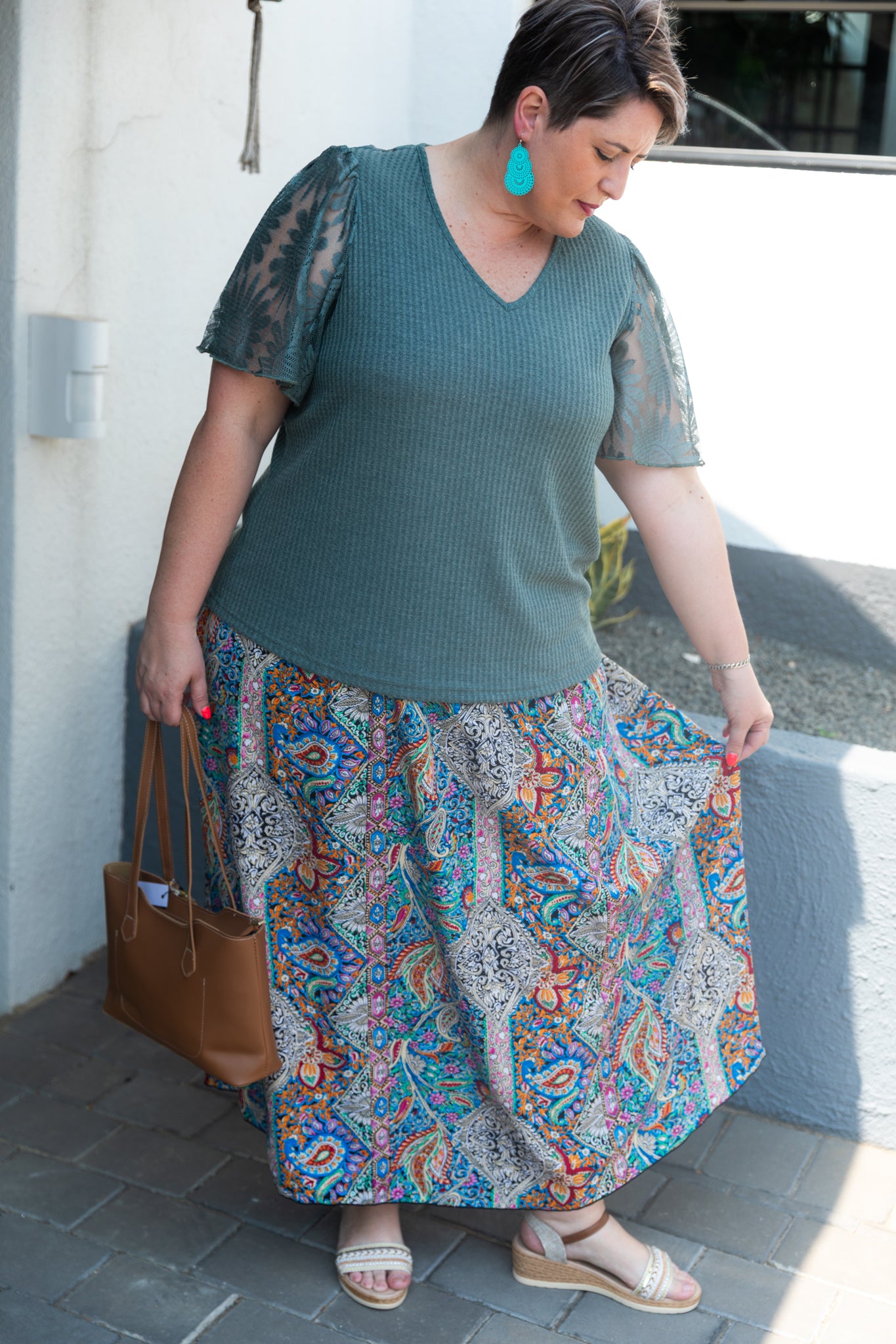 Curve Waffle Knit Ruffle Sleeve Top – Dark Green