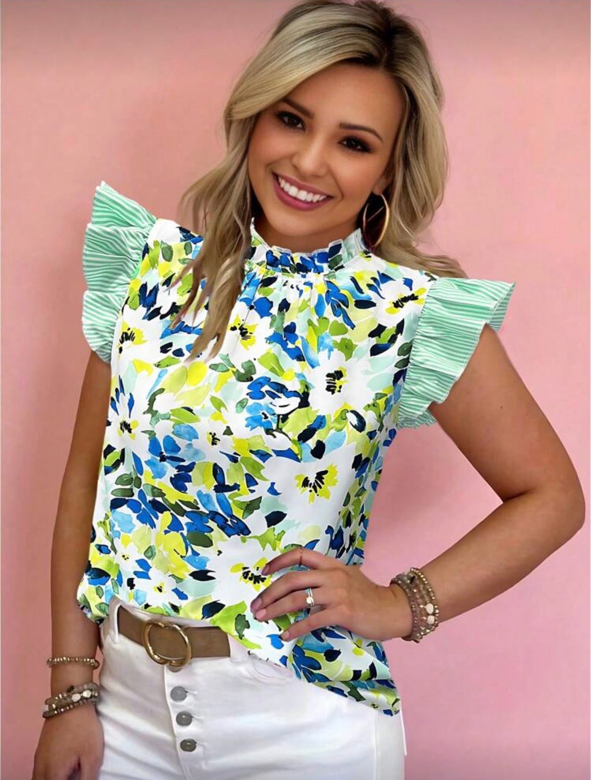 Floral Ruffle Sleeve Top – Blue/Green
