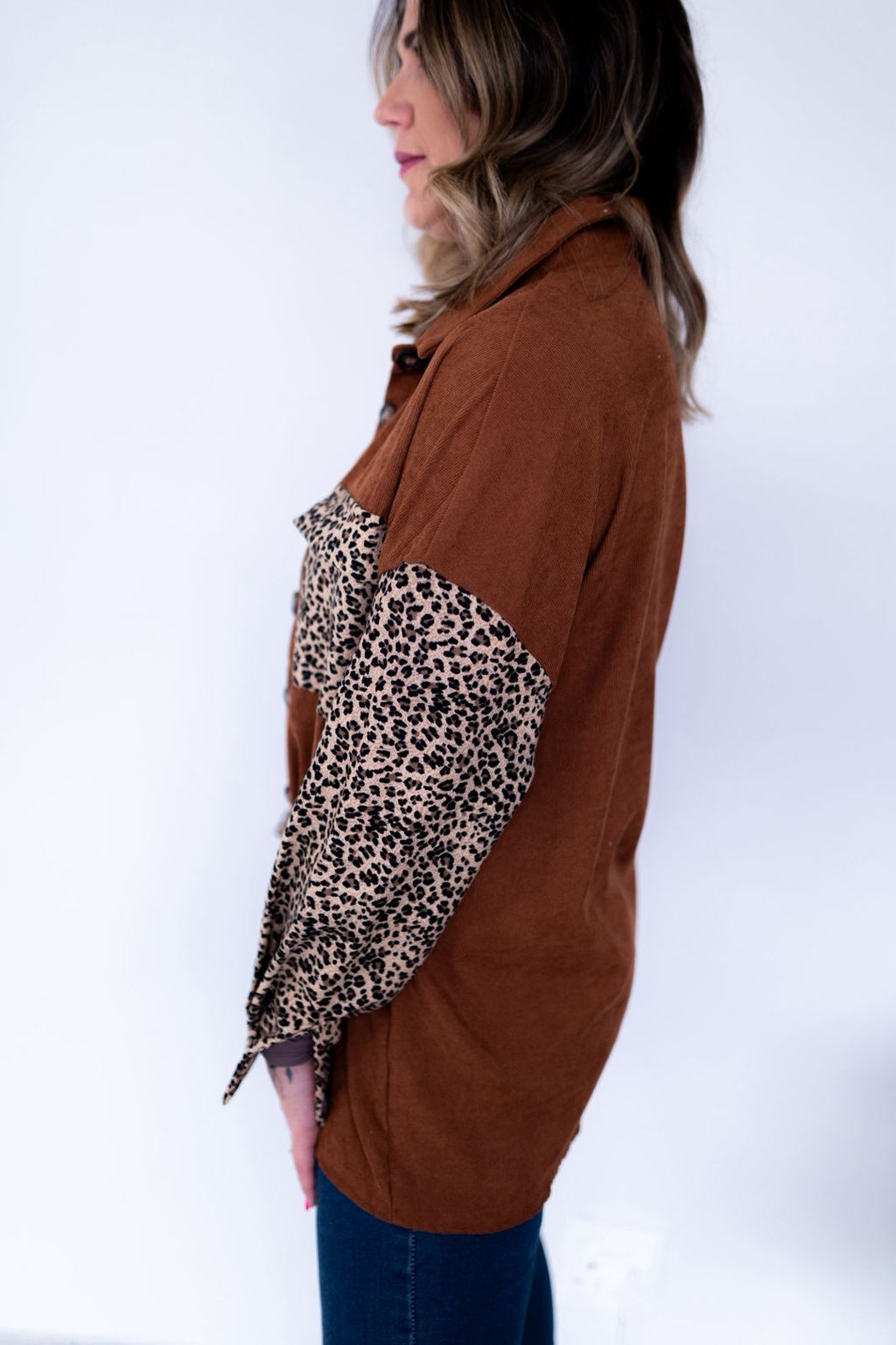 Leopard Panel Corduroy Shacket – Lightweight & Layer-Ready