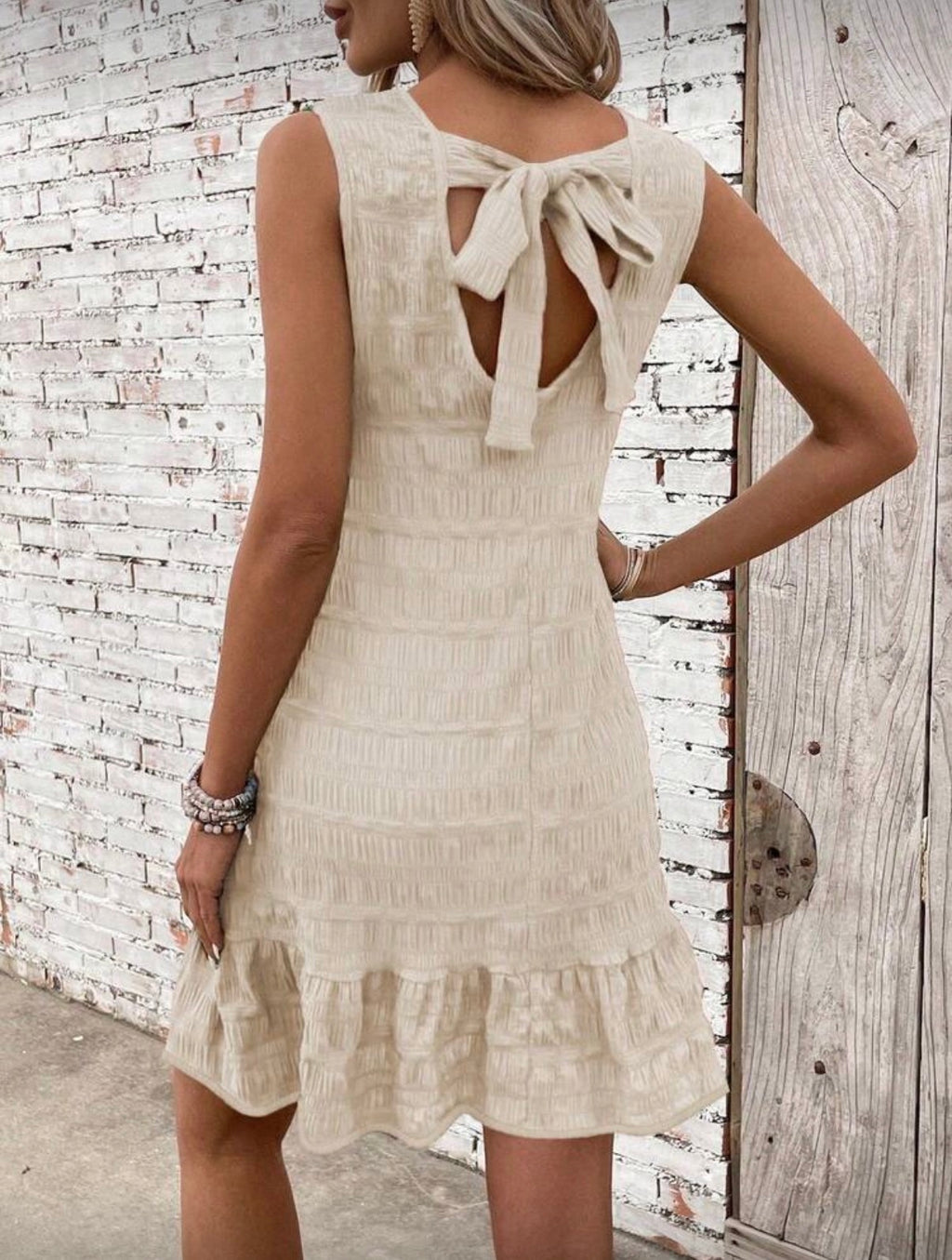 Beige Back Tie Knee Length Dress