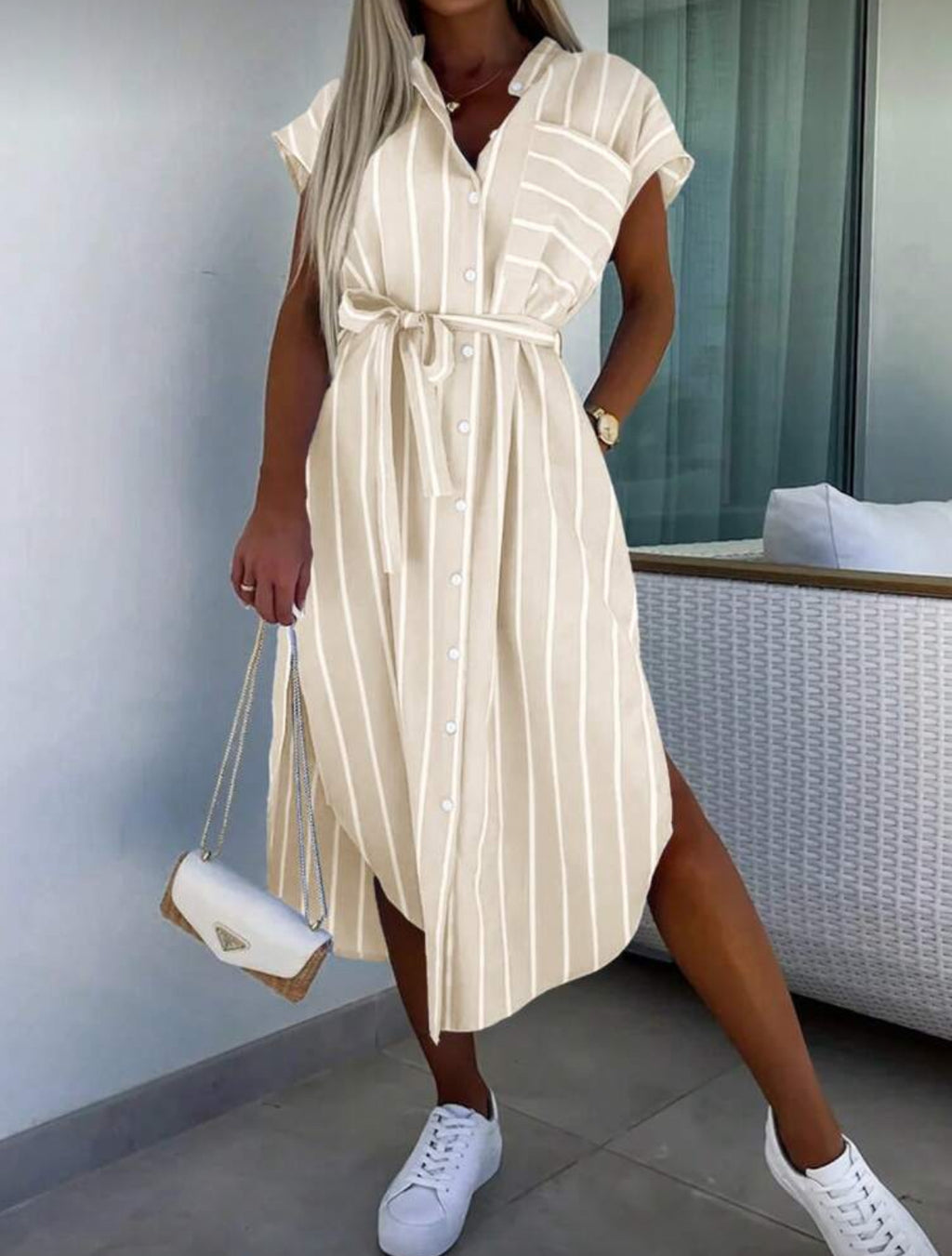 Beige and White Button Up Strip Dress