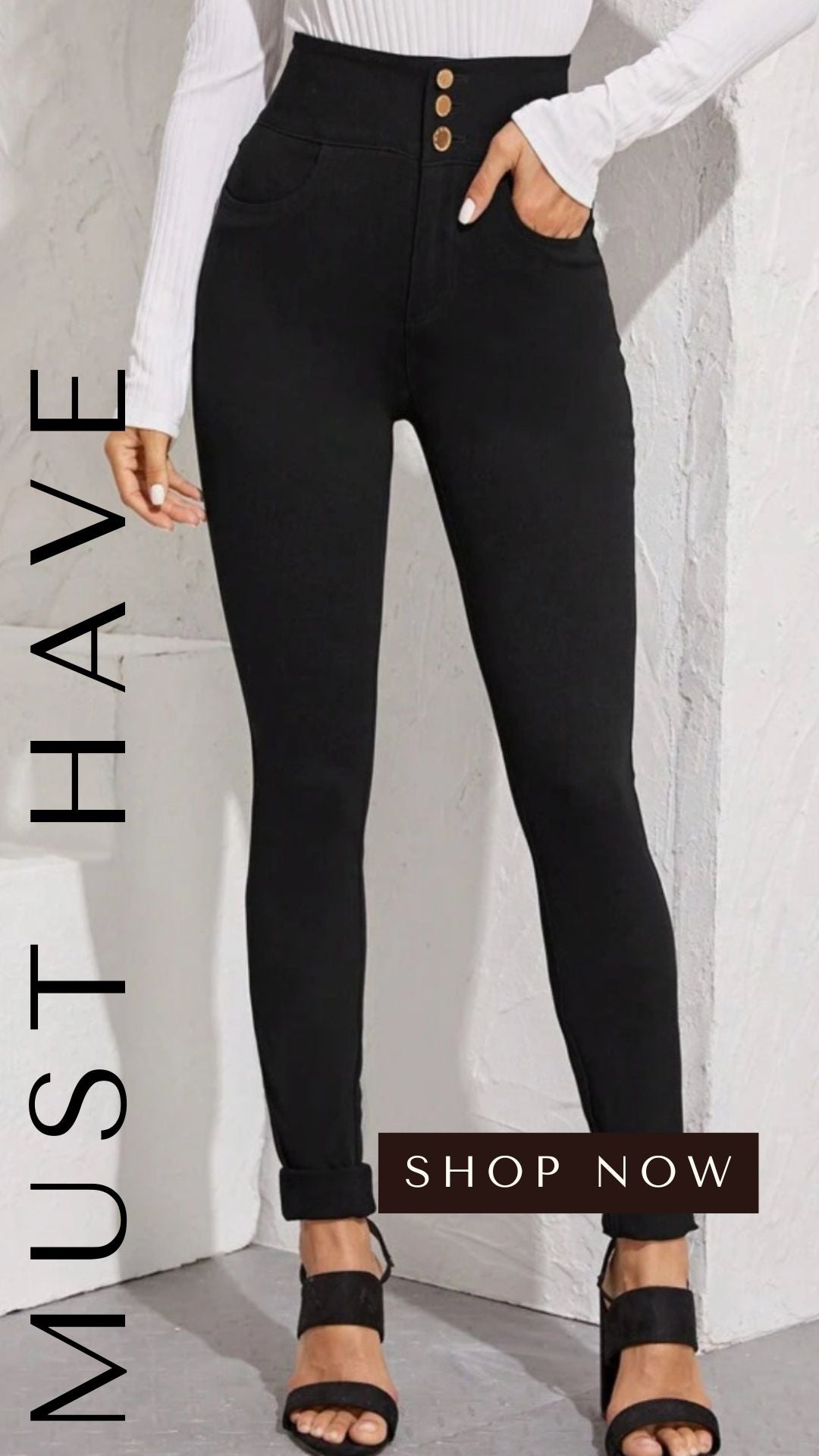 Black High Waist Button Up Front Slim Fit Pants