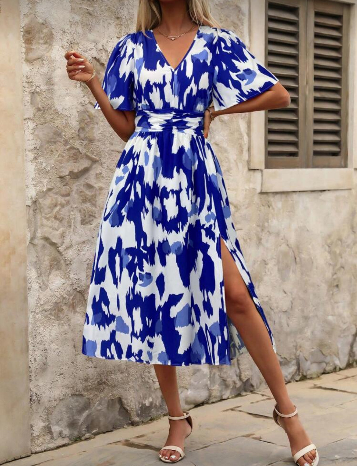 Blue and White Butterfly Sleeve Dress