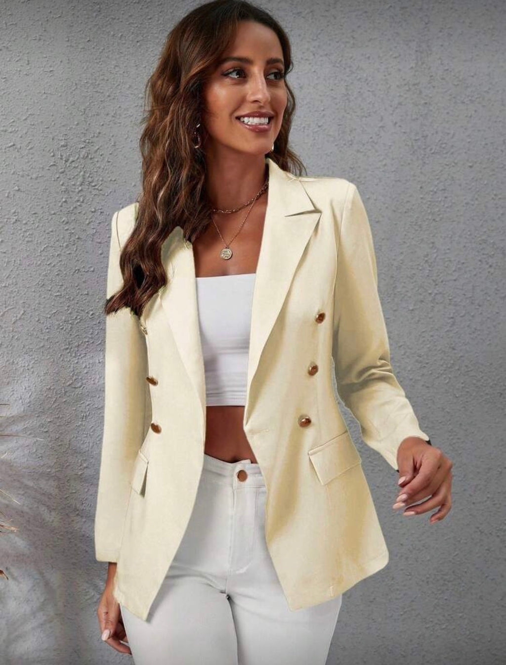 Pale Yellow Double Breasted Lapel Blazer – Structured Tailored Fit