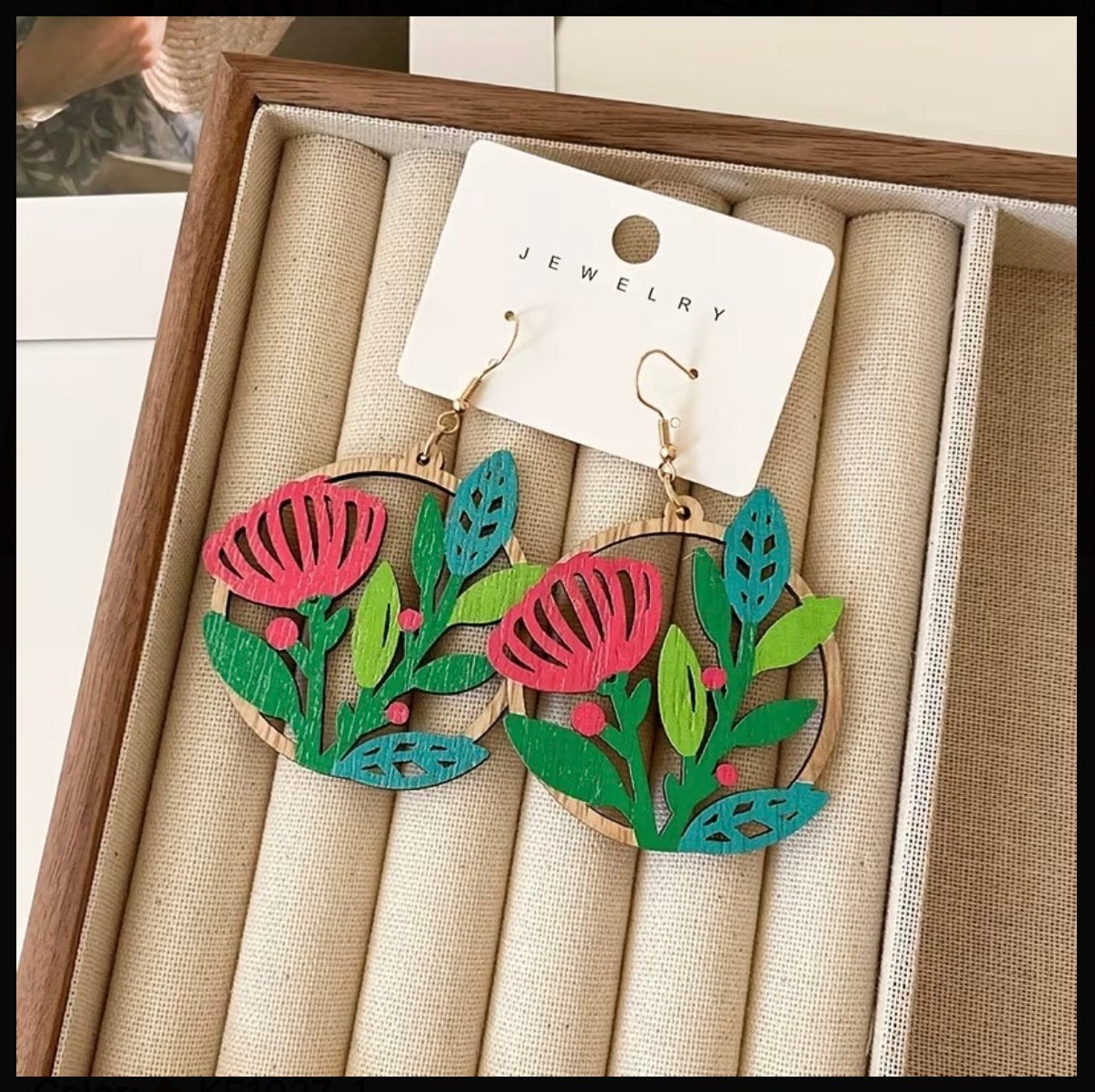 Bohemian Painted Wood Flower Earrings