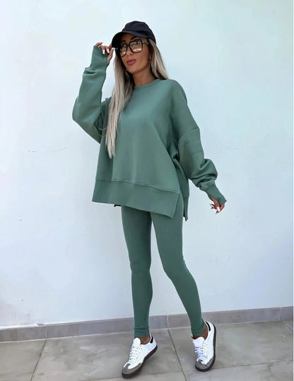 Green Ladies' Solid Color Simple Daily Long Sleeve Top And Long Pants Two-Piece