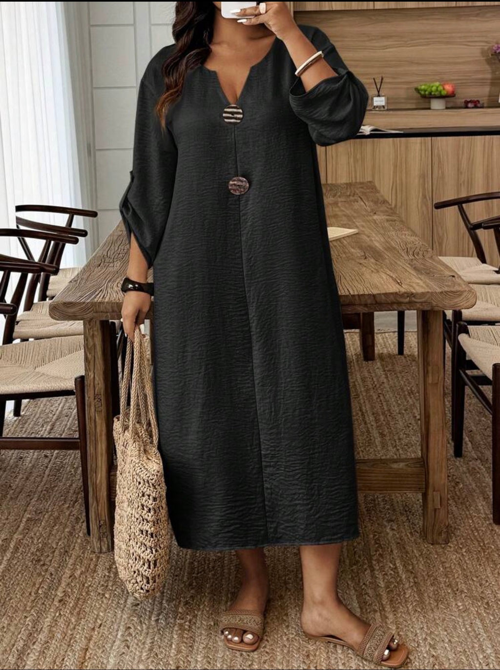 CURVE Black Rolled Sleeve Midi Dress
