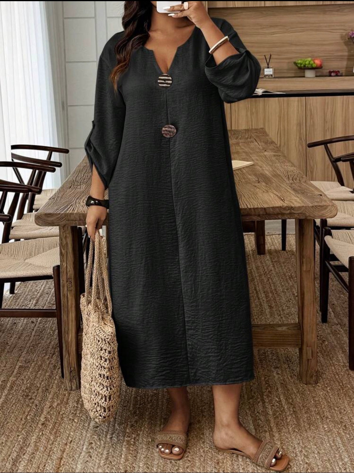 CURVE Black Rolled Sleeve Midi Dress