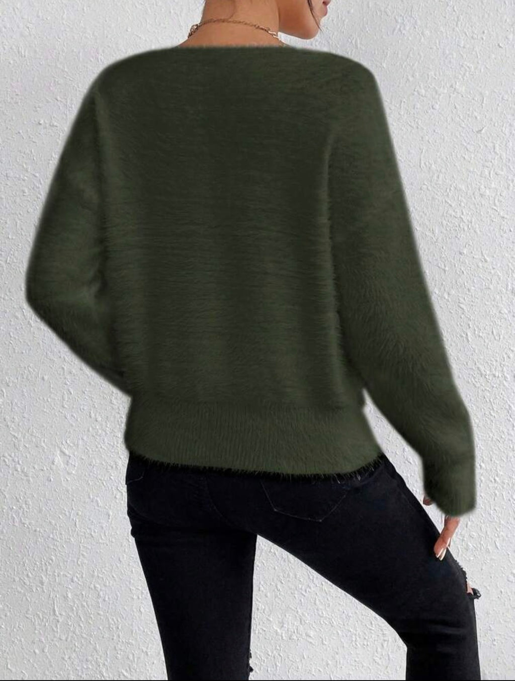 Fluffy V-Neck Knit Sweater – Army Green