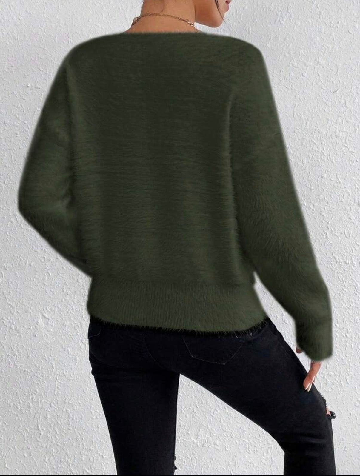 Fluffy V-Neck Knit Sweater – Army Green