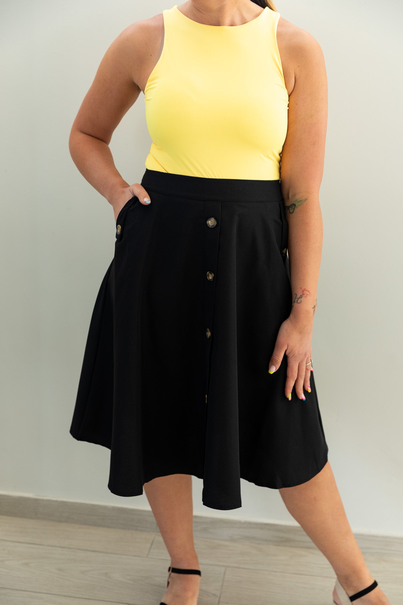 Black Button Detail Flare Skirt