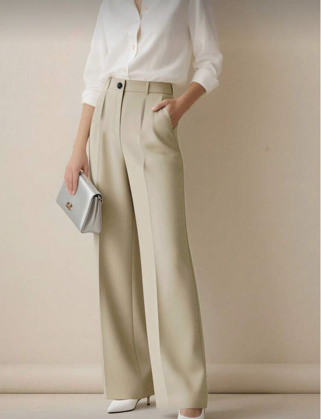 Beige High Waisted Lose Fitted Trousers