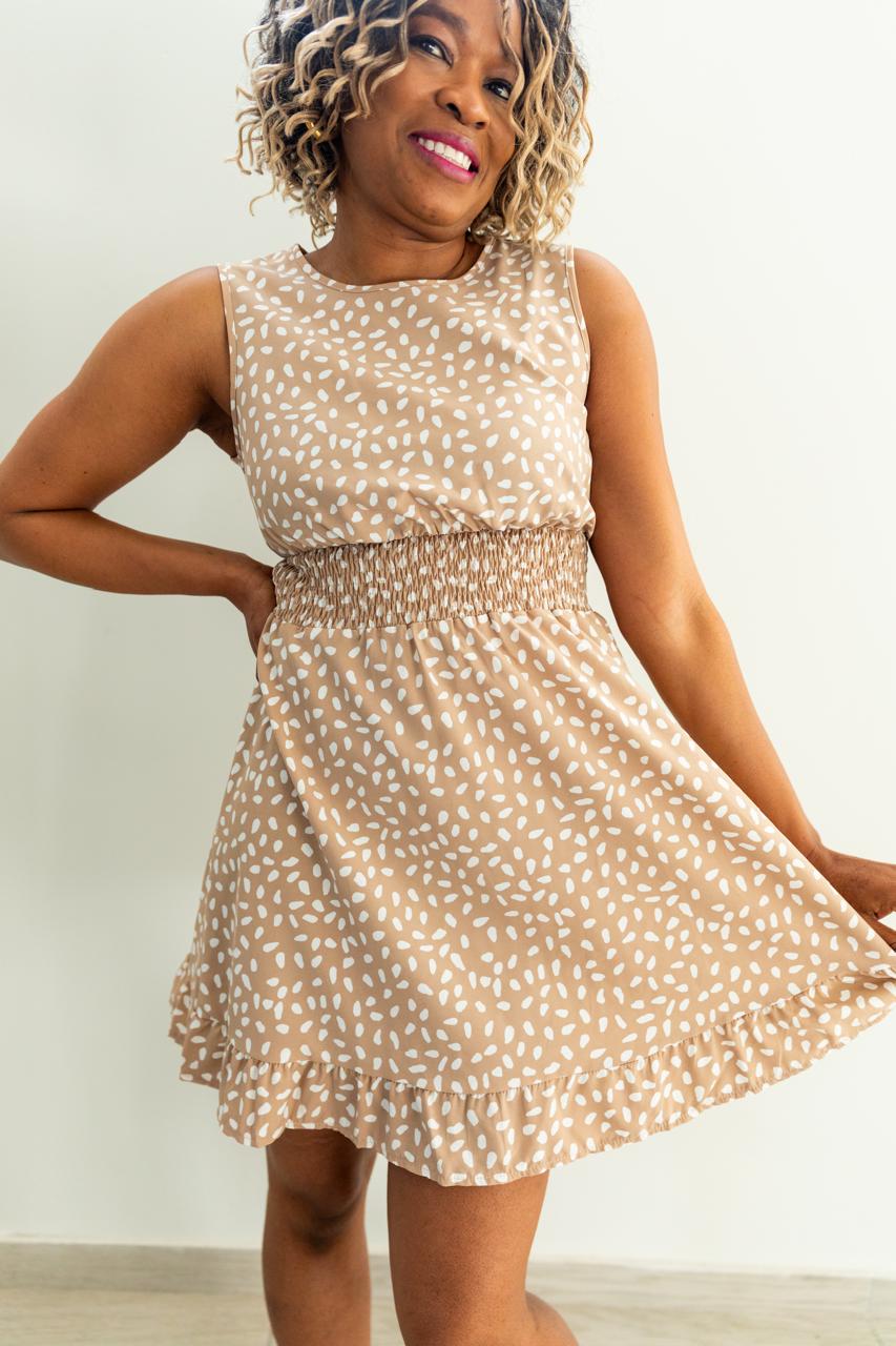 Beige Smocked Waist Sleeveless Mini Dress