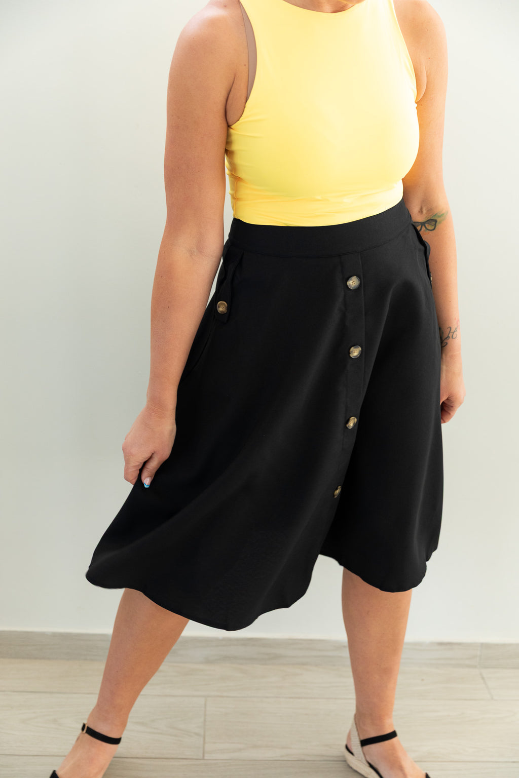 Black Button Detail Flare Skirt