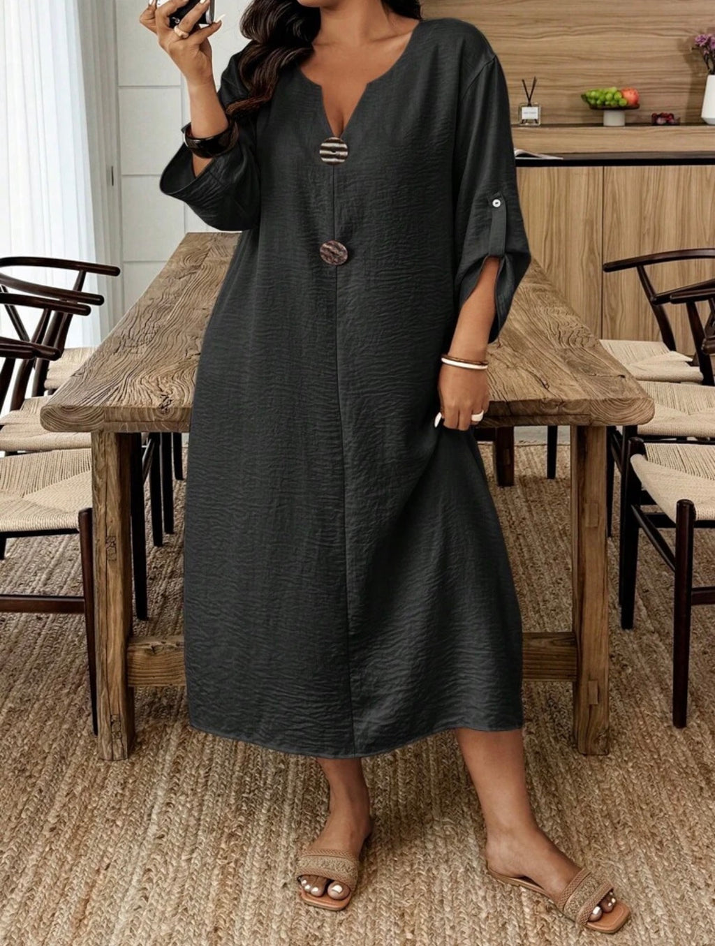 CURVE Black Rolled Sleeve Midi Dress