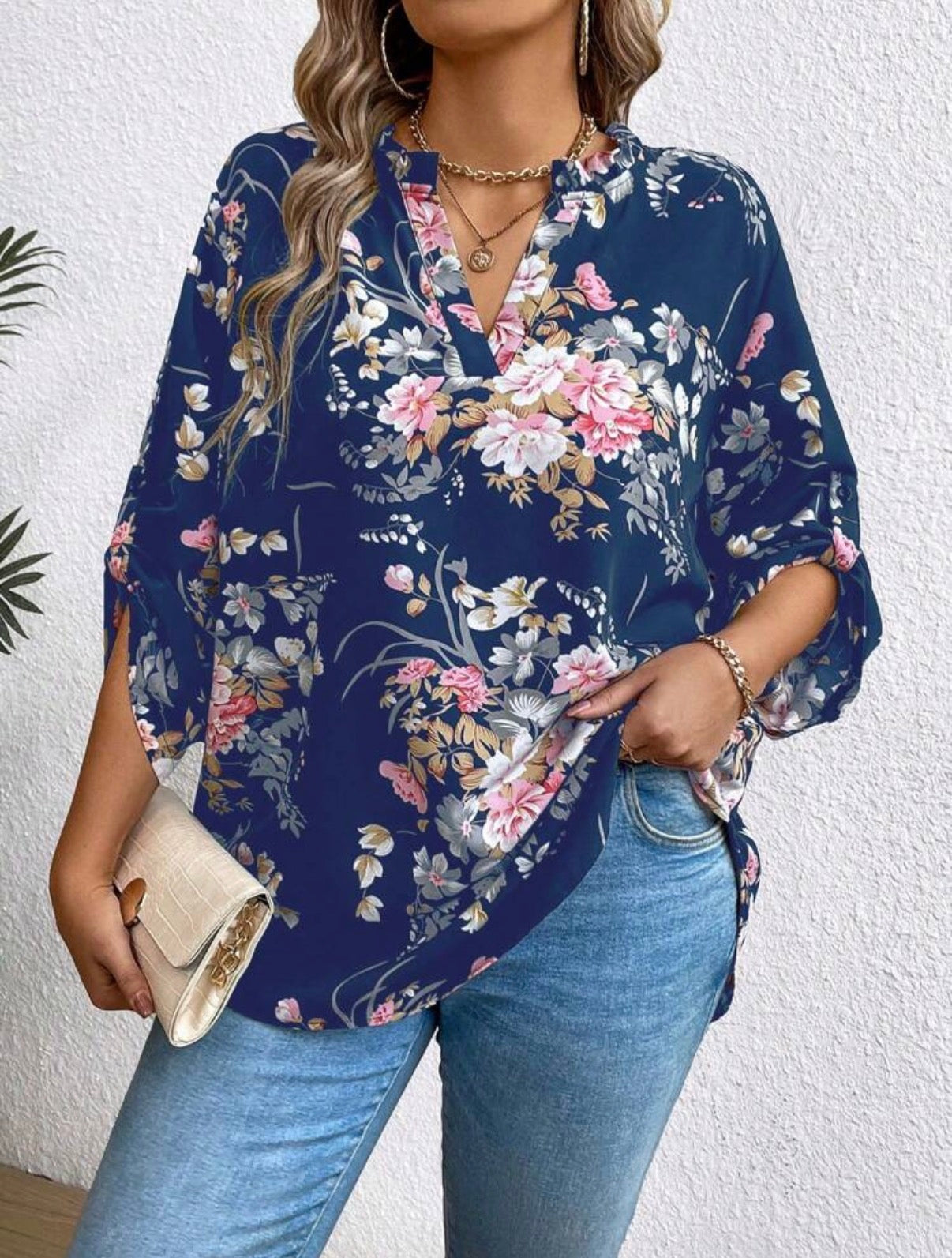 CURVE Blue Floral Boho Blouse