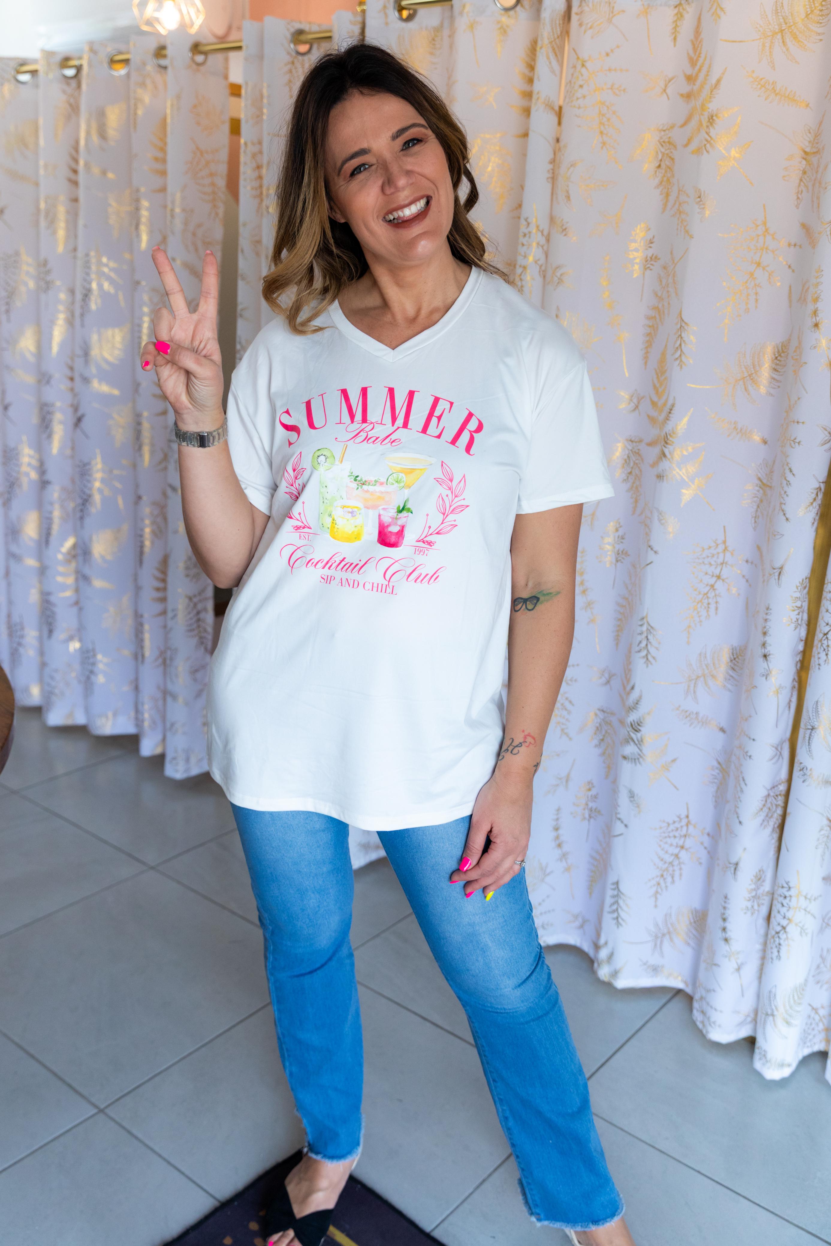 Curve Longline Cocktail Club Graphic V-Neck T-Shirt