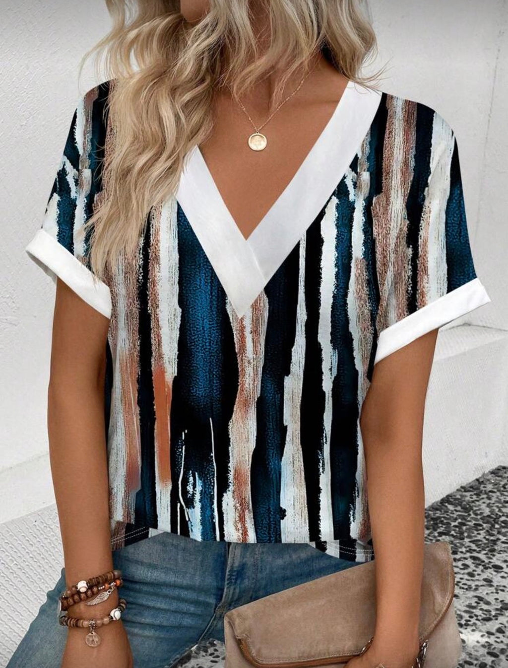 Abstract Stripe V-Neck T-Shirt