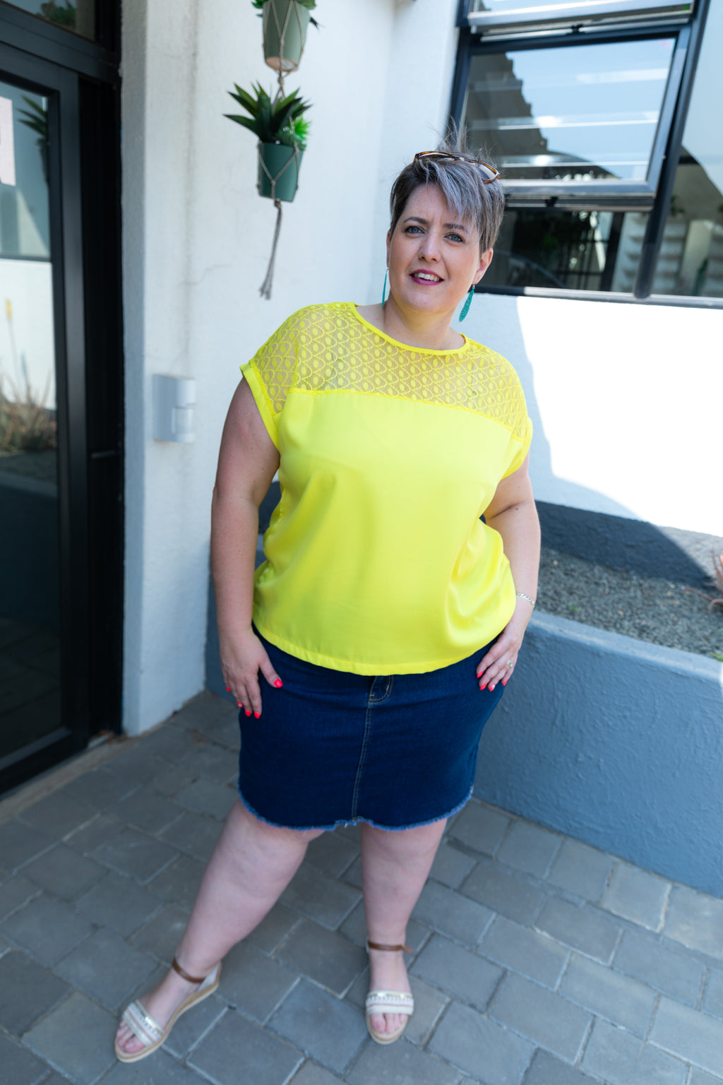 Bright Yellow Lace Detail Curve Top