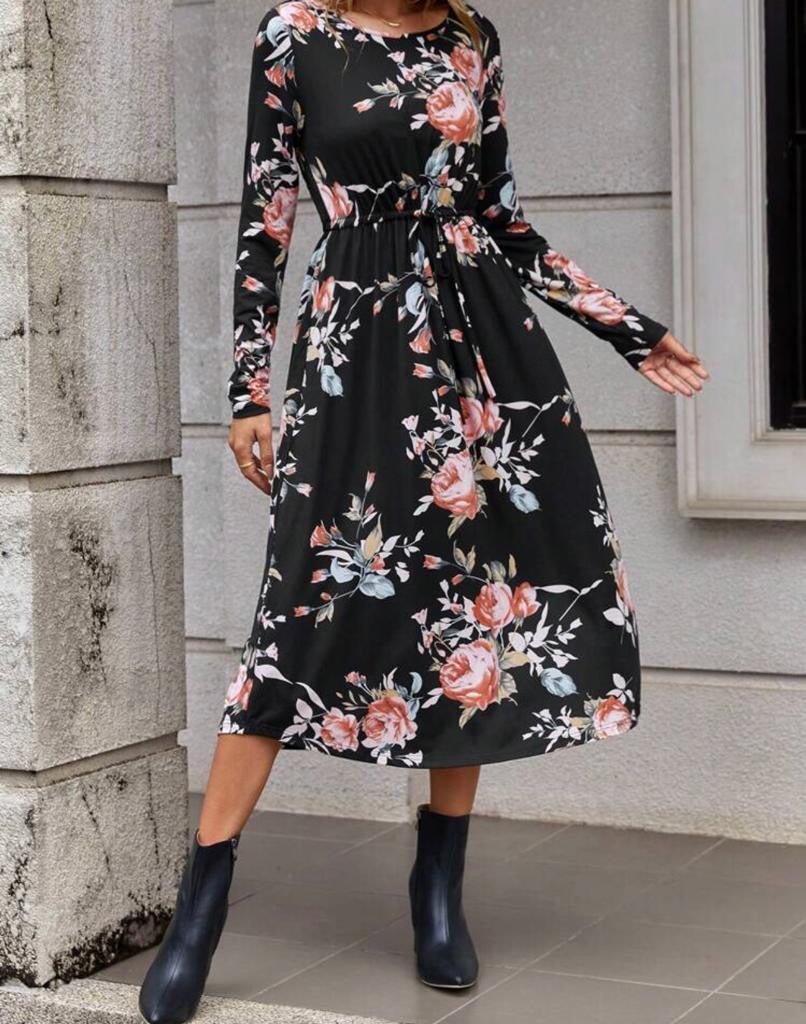 Long Sleeve Floral Print Dress (S5) (M1) (XL1)