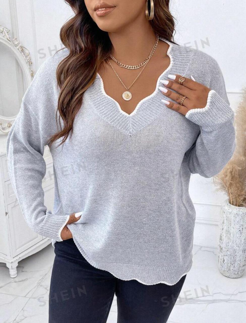 Grey Plus Scallop Trim Drop Shoulder Sweater (0XL5) – Shopping Queen