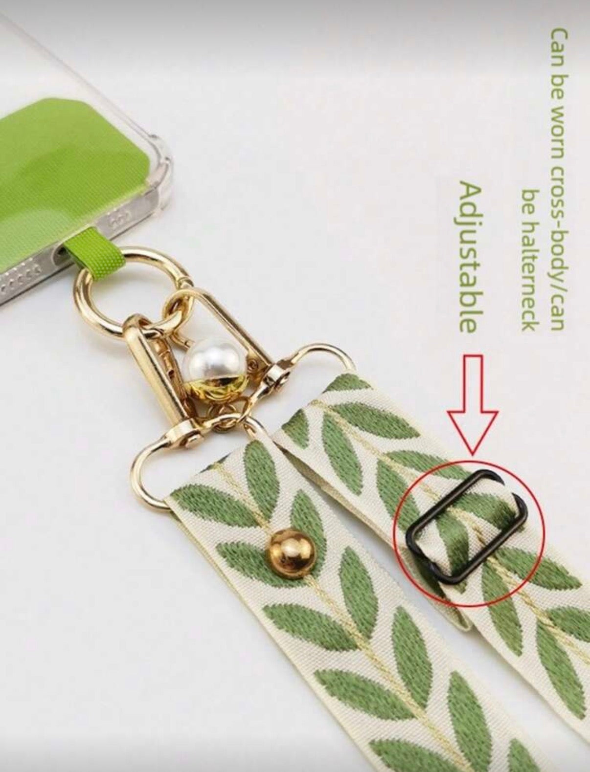 Adjustable-Long-Crossbody-Phone-Lanyard-Strap-Wide-Fabric-Pearl-Pendant-green-front