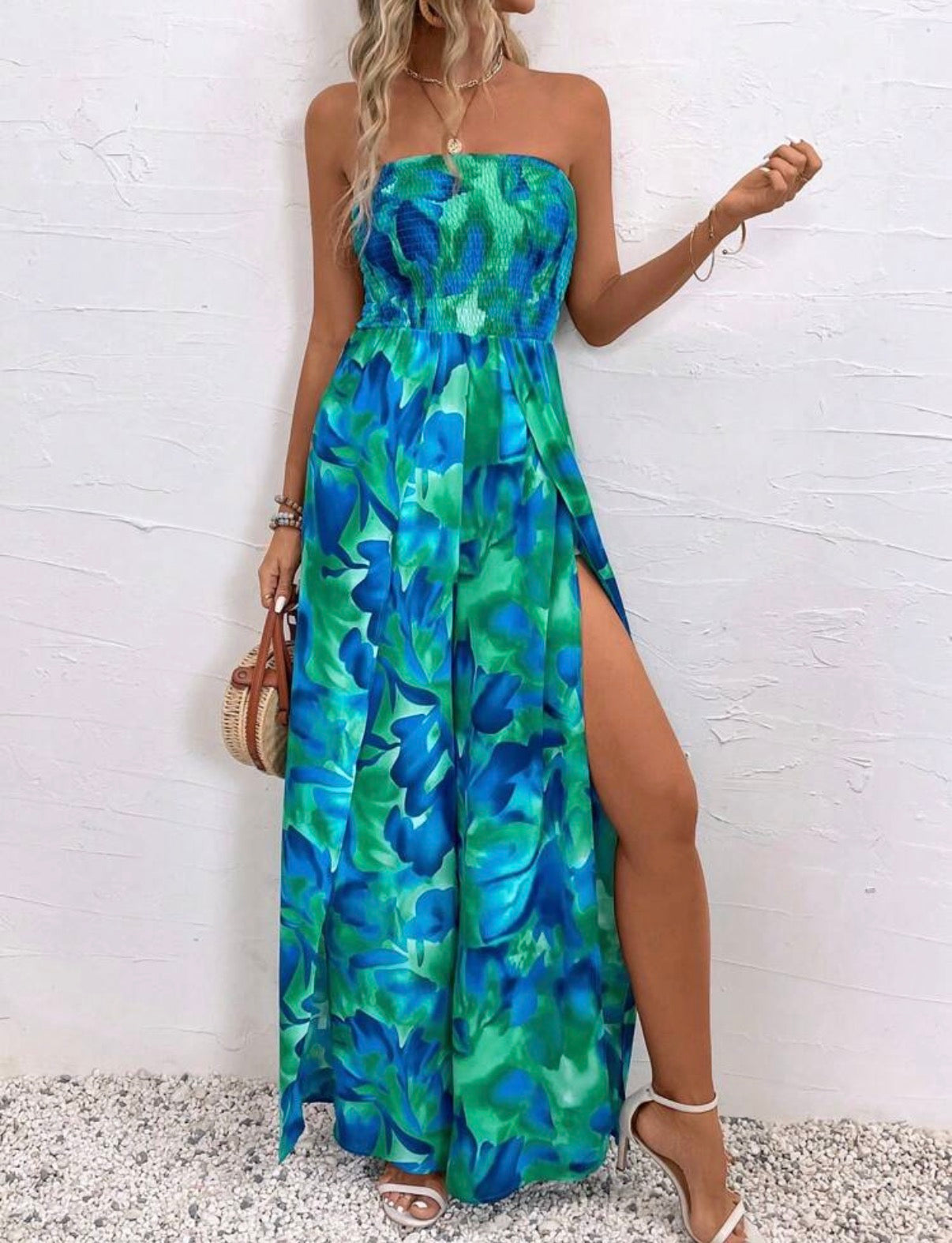 Azure-Green-Blue-Escape-Strapless-Wide-Leg-Jumpsuit-front
