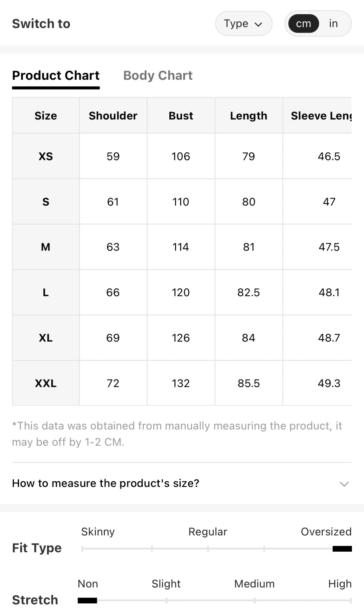 Black-Button-Up-Oversized-Blouse-sizing-chart