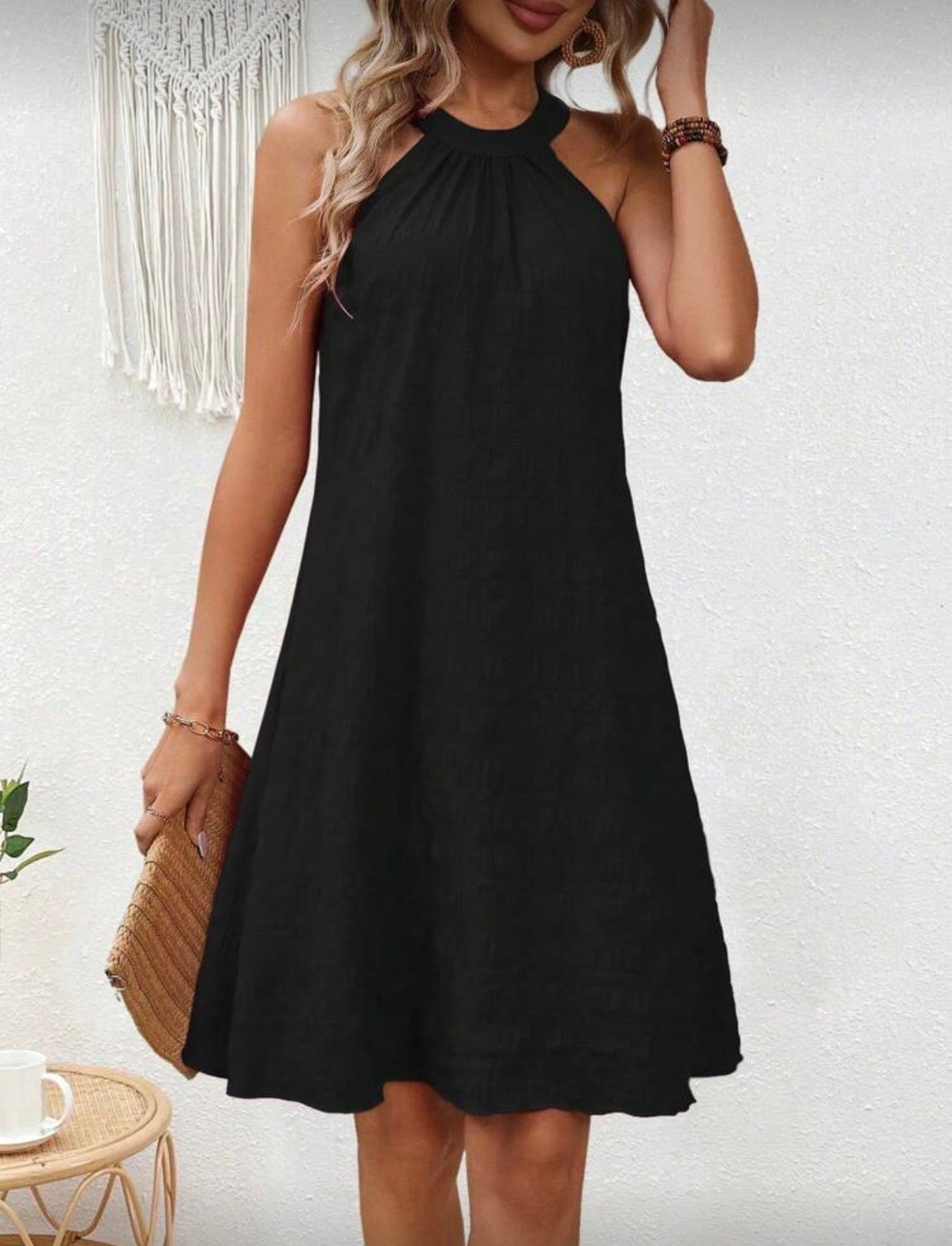 Black-Halter-neck-Knee-length-Dress-front