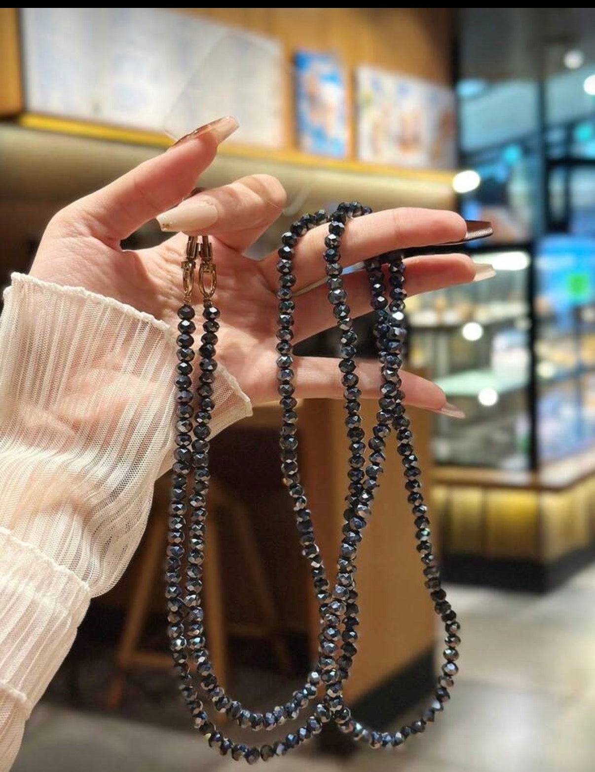 Black-Handmade-Shiny-Glass-Bead-Chain-Phone-Straps-front