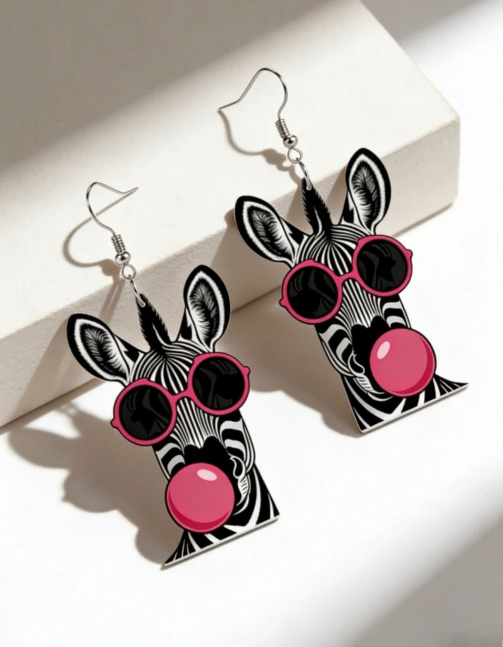 Black-Monochrome-Pink-Pop-Zebra-chewing-Bubblegum-Earrings-front