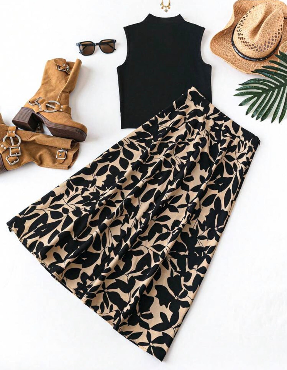 Black-Sleeveless-Neutral-Black-Maxi-Skirt-Botanical-Breeze-Two-Piece-Set-front
