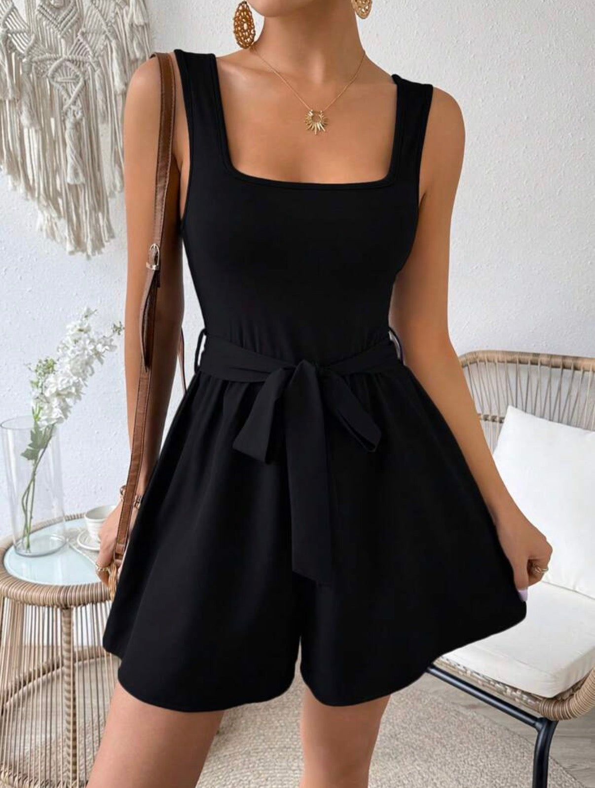 Black-Square-Neckline-Tie-Waist-Romper-front
