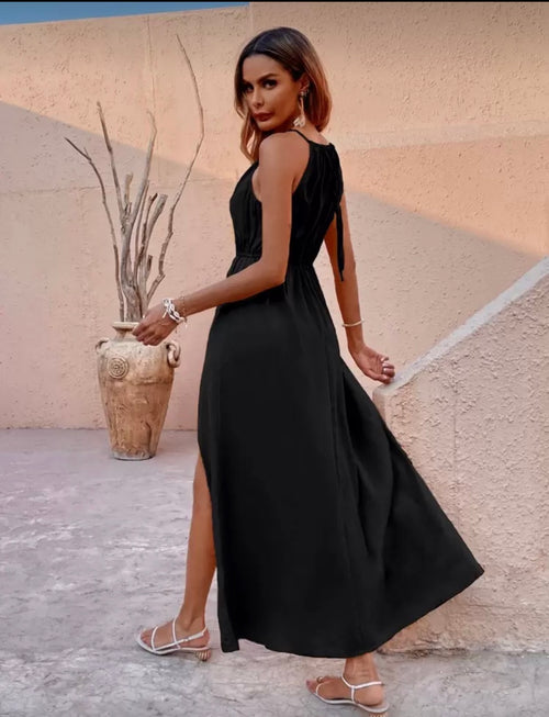 Black-Summer-Halter-Dress-back