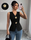 Black-V-Neck-Fitted-Gold-Rose-Embellished-Button-Top-front