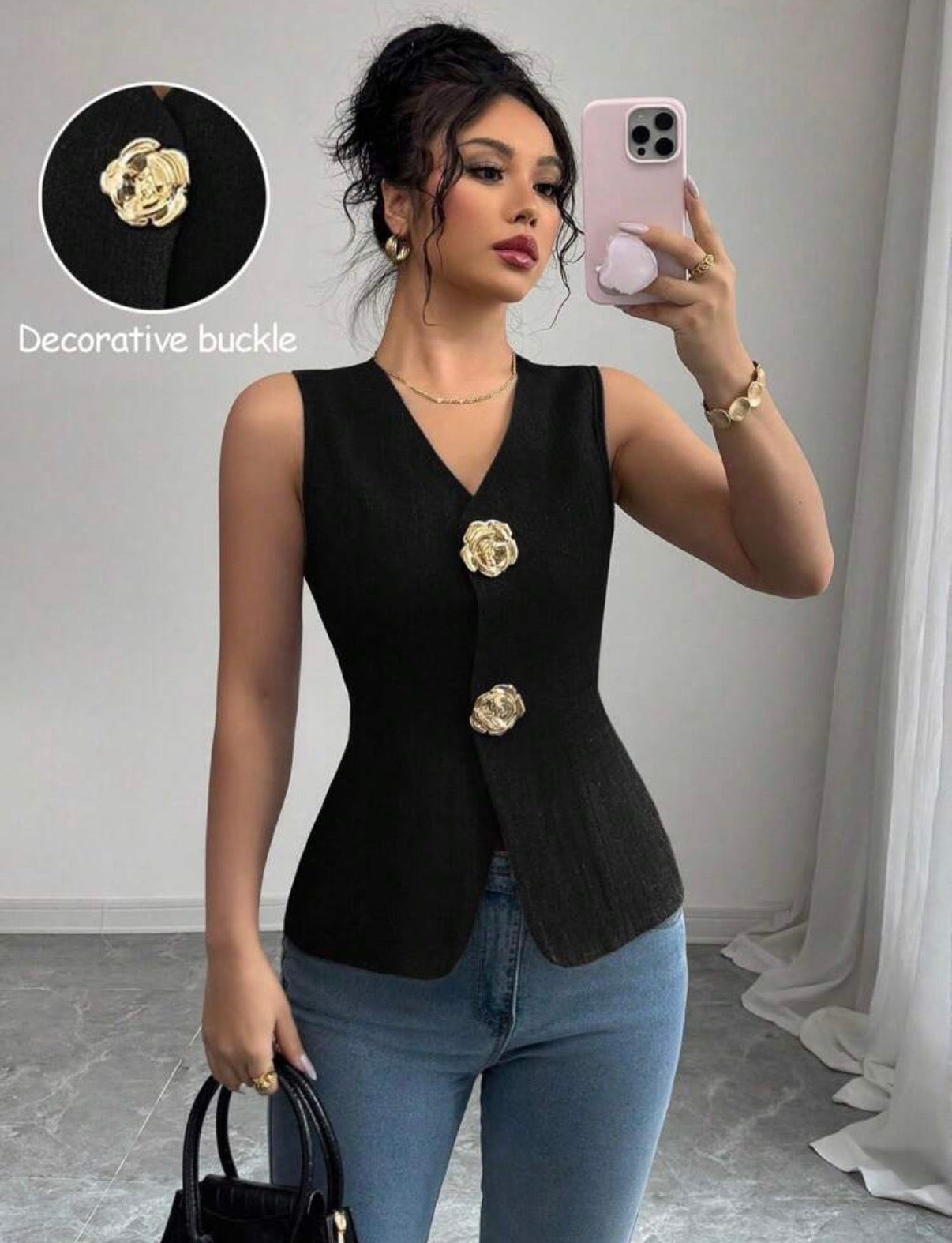 Black-V-Neck-Fitted-Gold-Rose-Embellished-Button-Top-front