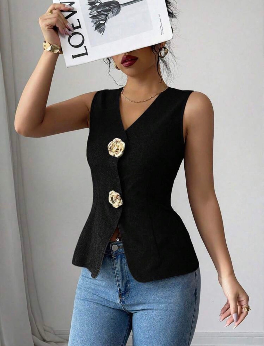 Black-V-Neck-Fitted-Gold-Rose-Embellished-Button-Top-side