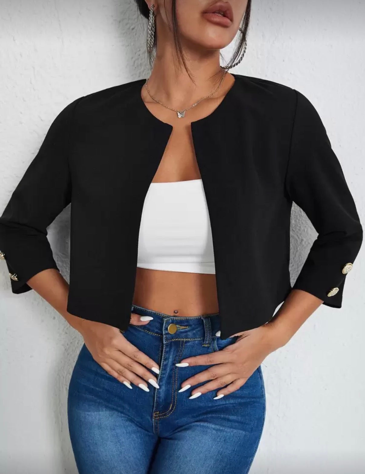 Black-cropped-classic-no-collar-Blazer-front