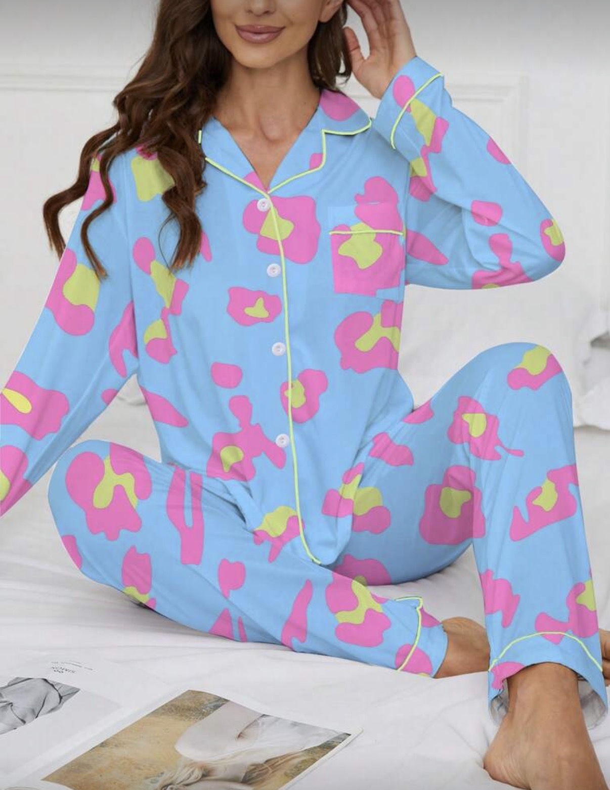 Blue-Pink-Piping-Trim-Abstract-Leopard-Winter-Pajamas-Set-front