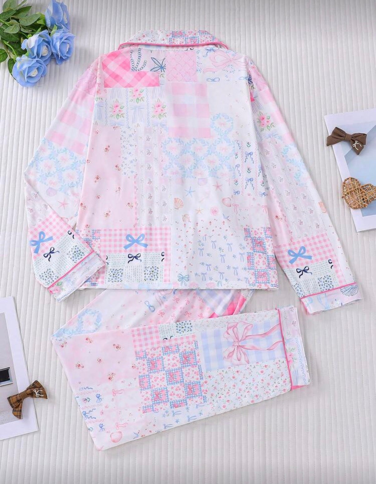 Blue-Pink-Piping-Trim-Patchwork-Bow-Winter-Pajama-Set-back