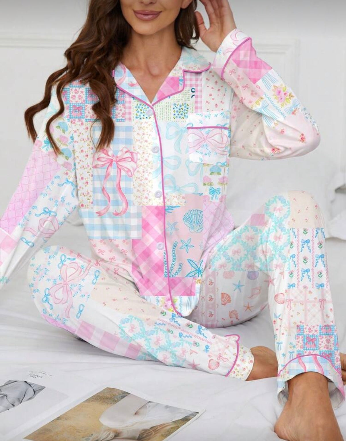 Blue-Pink-Piping-Trim-Patchwork-Bow-Winter-Pajama-Set-front