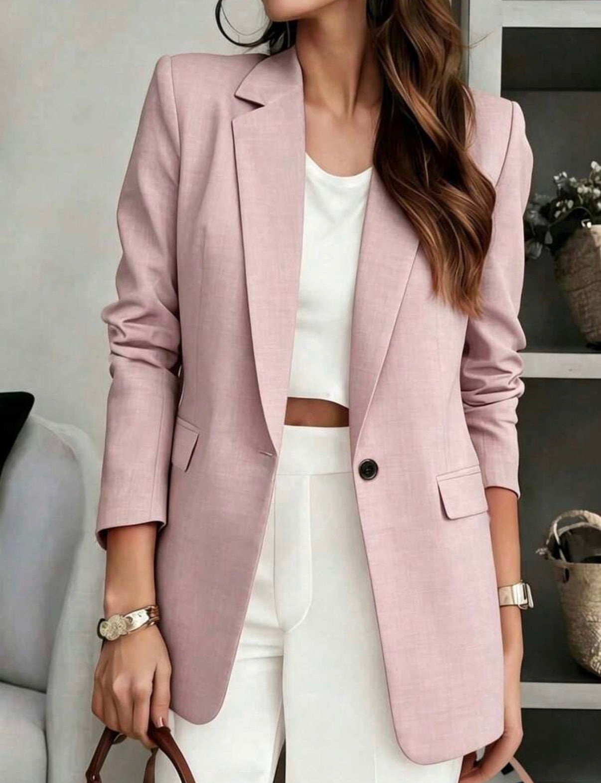 Blush-Pink-One-Button-Classic-Tailored-Blazer-front-detail