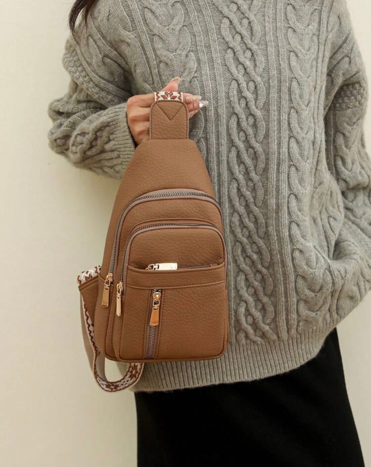 Brown-Aztec-Strap-Lux-Body-Sling-Bag-front-lifestyle