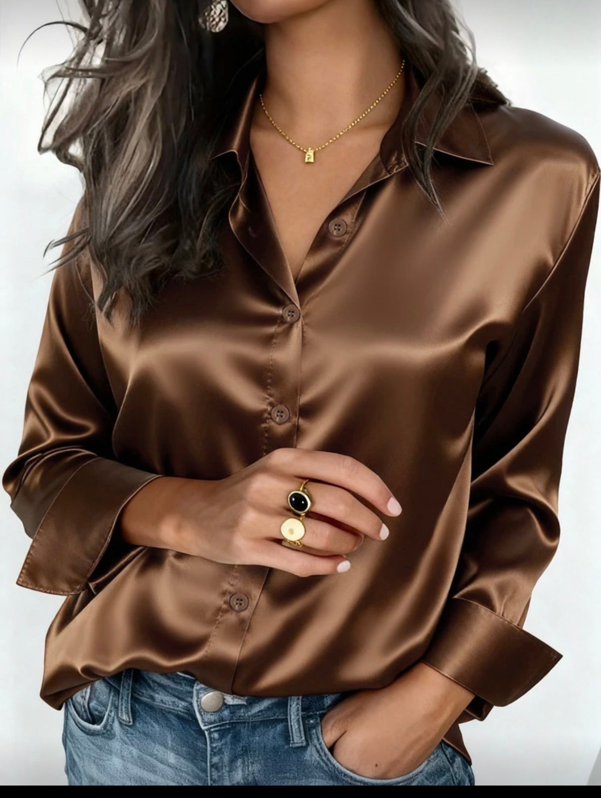 Brown-Satin-Button-Up-Blouse-front