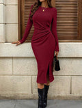 Burgundy-Twist-Waist-Ribbed-Midi-Dress-front