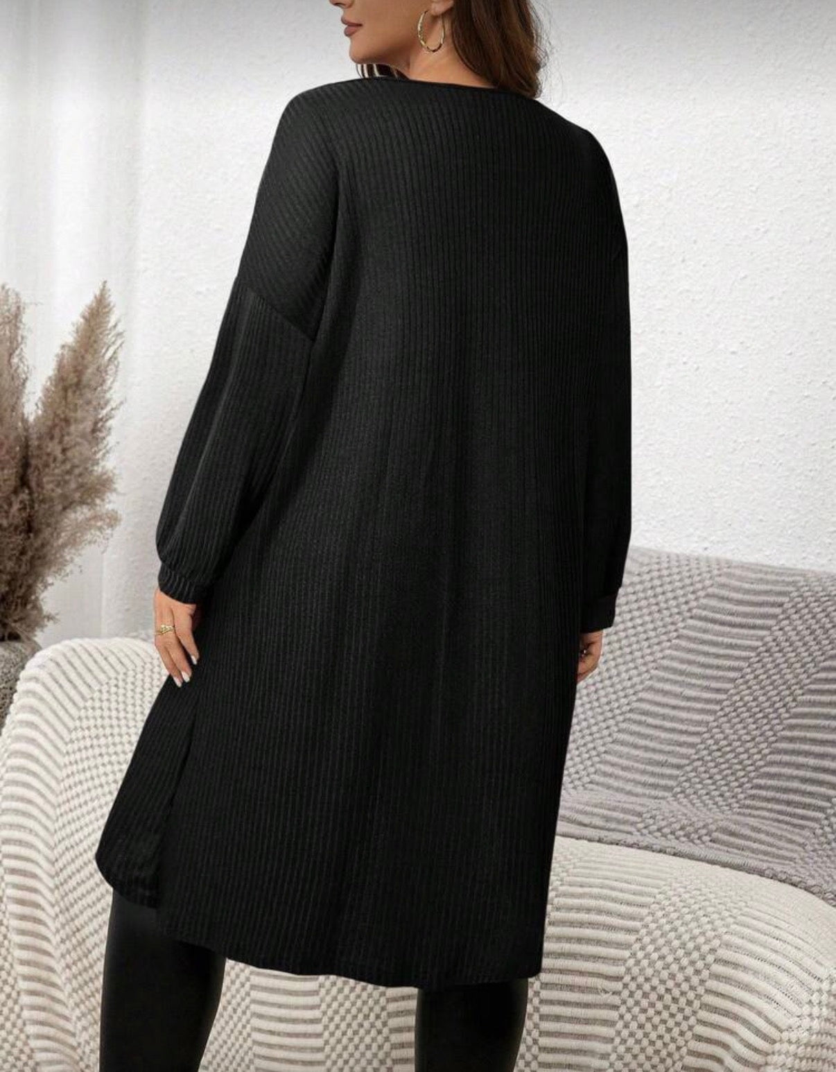 CURVE-Black-Ribbed-Longer-length-Split-Hem-Tunic-Top-back