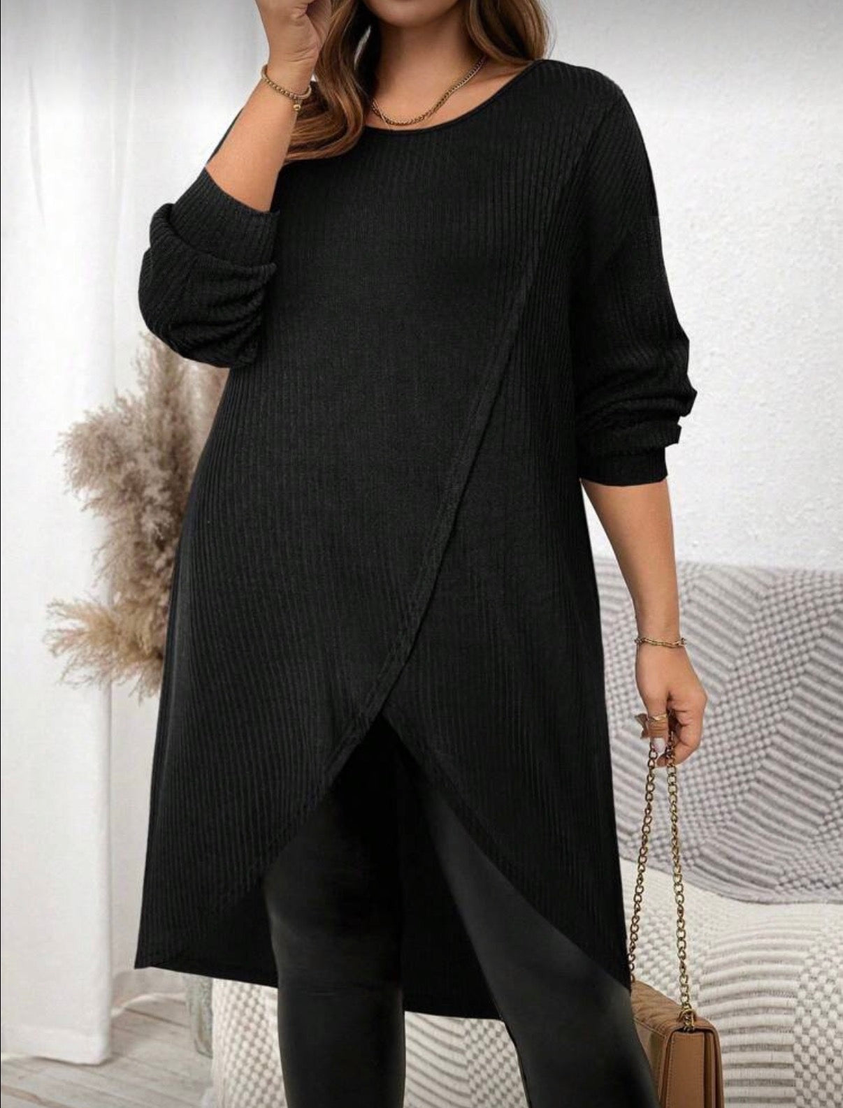 CURVE-Black-Ribbed-Longer-length-Split-Hem-Tunic-Top-front