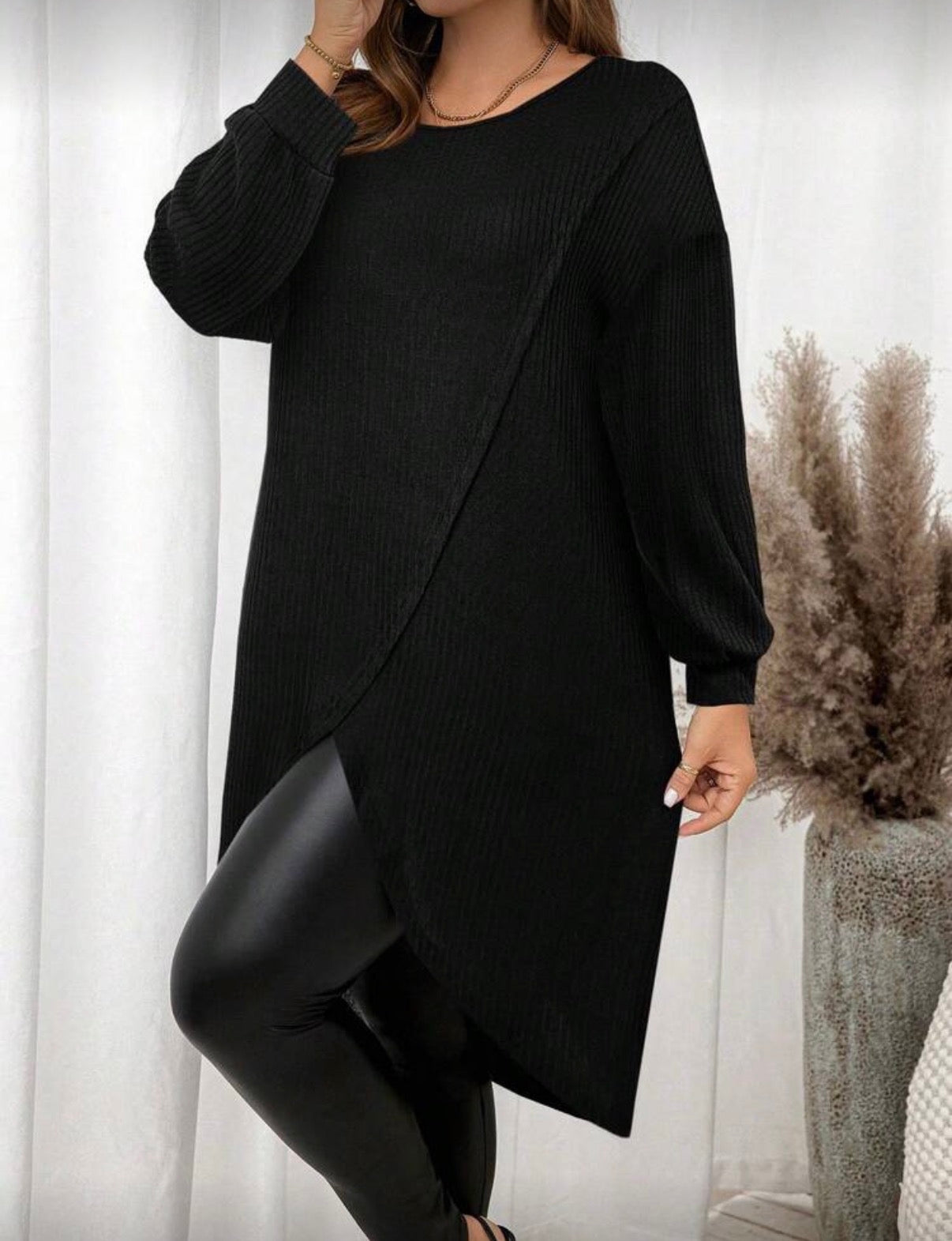 CURVE-Black-Ribbed-Longer-length-Split-Hem-Tunic-Top-side