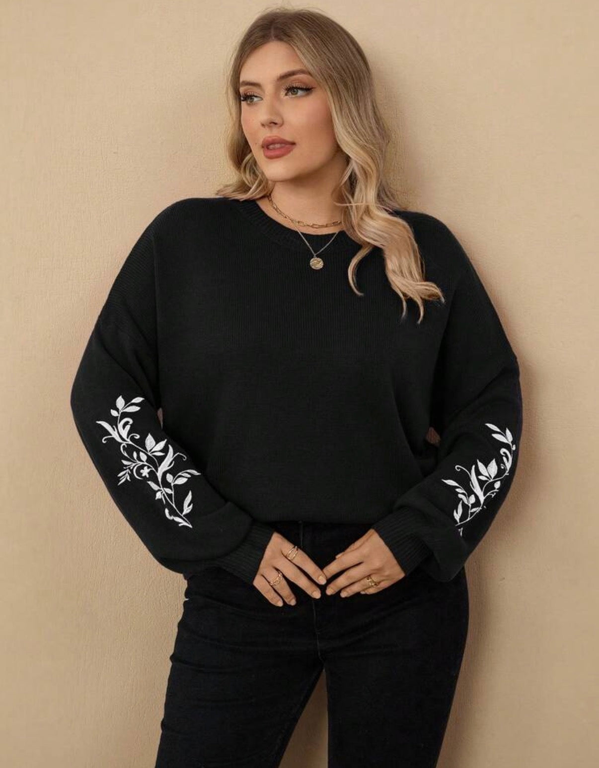 CURVE-Black-White-Vine-Embroidered-Sleeve-Detail-front