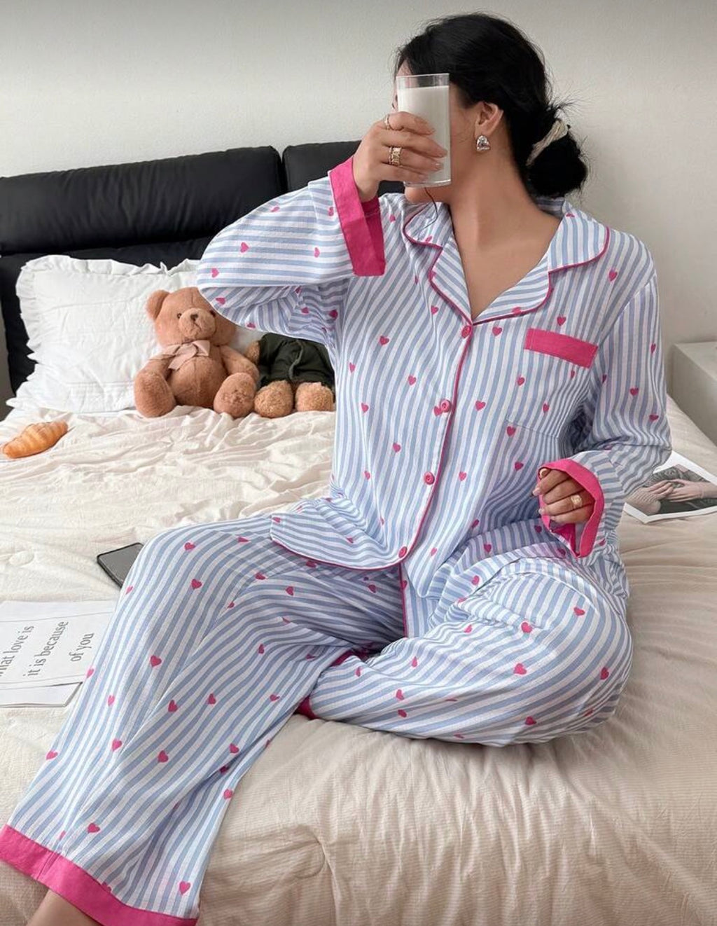 CURVE-Blue-Pink-Heart-Stripe- Winter-Pajamas-set-front-lifestyle